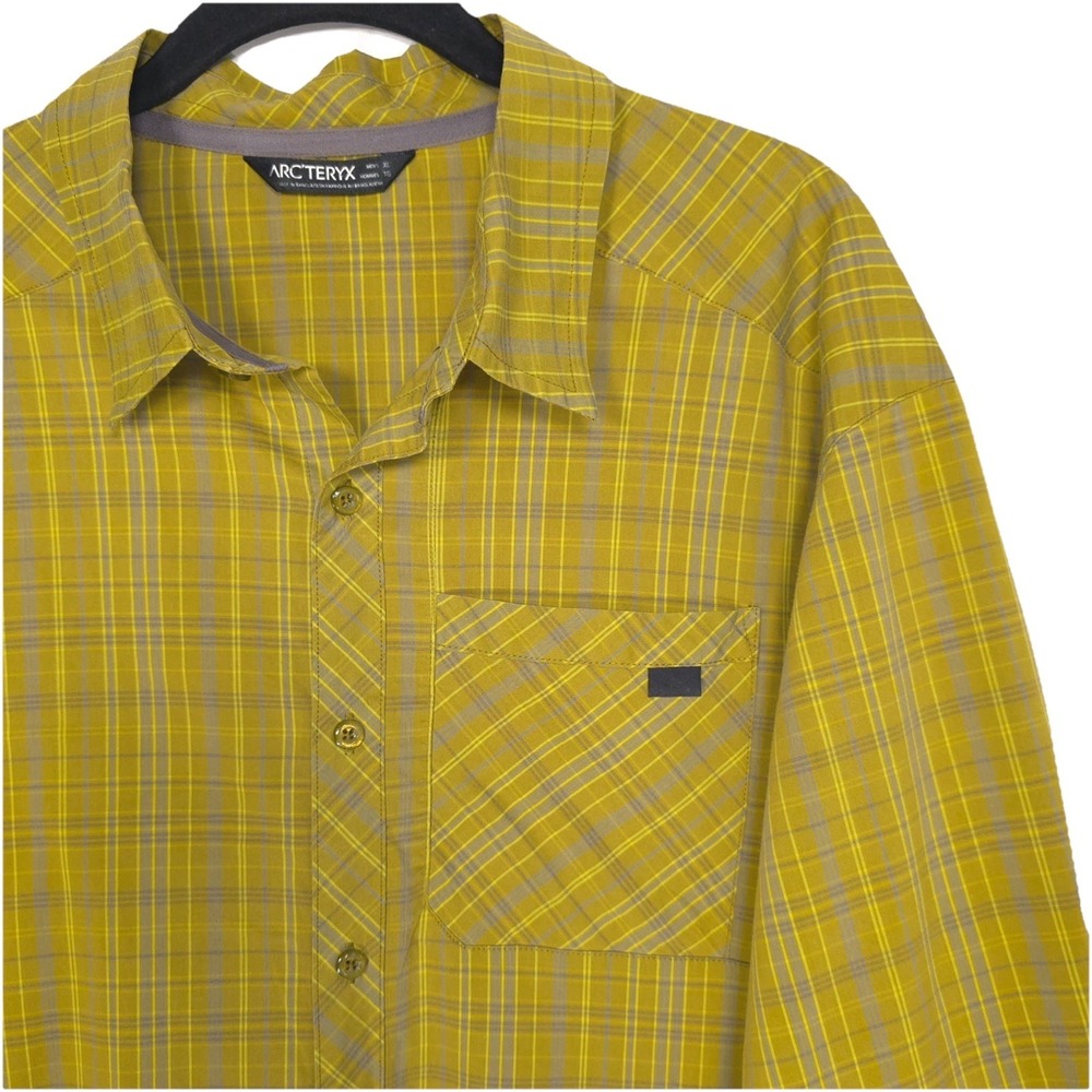 ARC'TERYX Men's Shirt XL Plaid Check Long Sleeve Yellow Mustard Cotton Blend